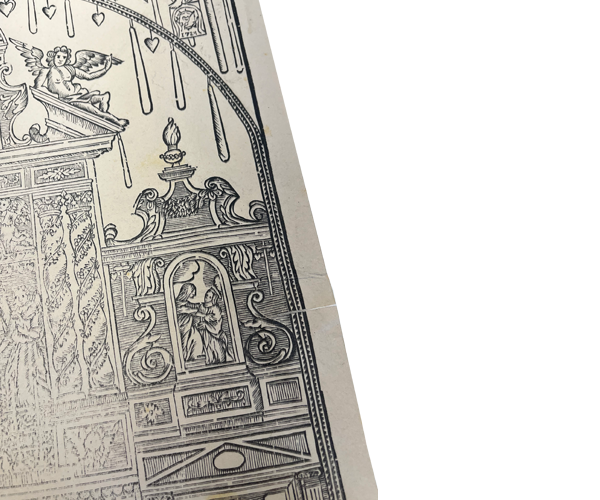Close-up view from souvenir print from Notre Dame de Bon Encontre, circa 1724. Print is designed in the rococo style with sinuous lines, filigrees and whimsical ornamentation.