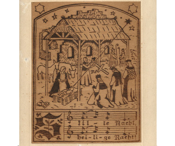 Christmas card made of a thin piece of basswood with an image burned into it using pyrography techniques. Image has been mounted on cream-colored card stock. The image features the three Magi visiting the Holy Family in a stable; two shepherds and their livestock appear in the background. Printed at the bottom in a stylized script are the lyrics and music for the first line of the Christmas song "Stille Nacht" or "Silent Night" in German. 