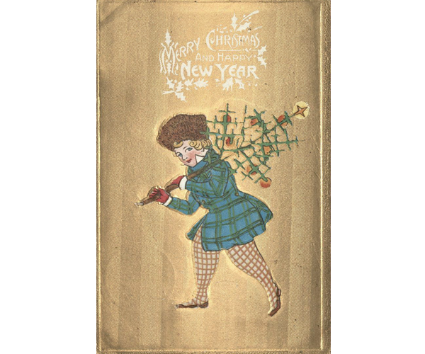 Embossed Christmas postcard with a striped gold background. Printed in white is a Christmas message that reads: "Merry Christmas and Happy New Year," accented with white holly leaves and berries. In the center is an applique image of a woman in period dress with a Christmas tree over her shoulder, decorated with yellow, orange and red ornaments and a gold star at the top. 