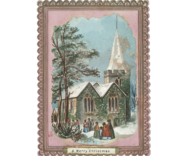 Embossed applique-style Christmas card made up of four layers of paper including three white layers and a top layer in pink featuring an applique image. The applique image features a Victorian winter scene with people proceeding toward a spired church made of gray stone and covered in ivy. The card features an ornamental border consisting of a scalloped edge accented with an embossed scallop and dot pattern in gold. Printed at the bottom center in gold against a white background is a Christmas message that reads, “A Merry Christmas.”