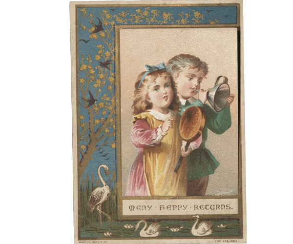 Lithograph-style greeting card consisting of two image layers glued together. The first layer is printed on lighter-weight paper and features an image of two children using kitchen items as musical instruments; the boy uses a funnel, and the girl uses a frying pan to ring in the New Year. Printed below the children is a message in gold on a white background framed in gold that reads, “Many Happy Returns.” The second layer is printed on a thicker card stock and features a nature scene including a tree with yellow leaves and black birds in it, a marshland with cattails springing up and a green pond with lily pads and geese. Glued to the card at its bottom edge, the image of the children folds down to reveal a New Year’s message printed in gold on a white background that reads: “‘RING OUT THE OLD: RING IN THE NEW!’ Good bye, Old Year, good bye, good bye! The joybells ring thy parting knell, Yet sad and glad we see thee die, And not without a sorrowing sigh! The solemn retrospect will tell Of mingled memories, ill and well — And far from evil are they all — The thoughts these requiem bells recall Good bye. Old Year, good bye, good bye!” Printed below the message is the copyright information: “COPYRIGHT S. C. Hall.” 