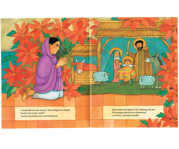Two pages from a children’s picture book. On the left, a girl in a purple shawl kneels, surrounded by red flowers. On the right, Jesus, Mary, Joseph, two sheep, a donkey and an ox stand inside a stable. They are also surrounded by red flowers.]