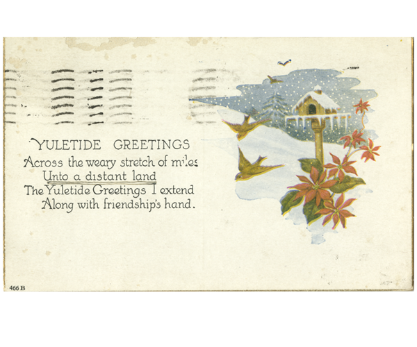 Christmas card printed on paper. The words “Yuletide Greetings” on the left are accompanied by a snowy landscape on the right. Red poinsettias bloom beneath a snow-covered bird feeder and birds flying in the snow.