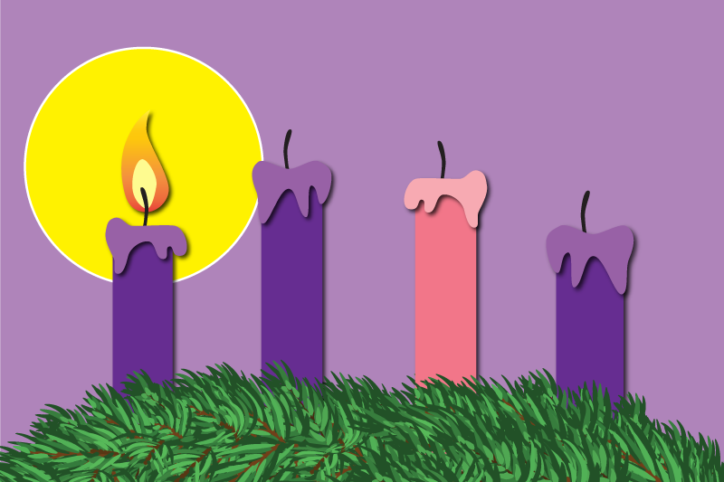 Cartoon-like illustrated Advent wreath with green sprays of pine one lit purple candle, then another purple, pink and purple candle unlit.