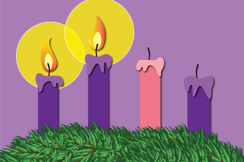 Cartoon-like illustrated Advent wreath with green sprays of pine two lit purple candles, then another pink and purple candle unlit.