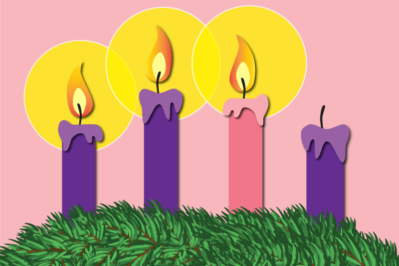 Cartoon-like illustrated Advent wreath with green sprays of pine two lit purple candles, one lit pink candle and one purple candle without a flame.