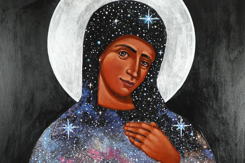 Image of the Madonna; her head covering and attire depict a whirling galaxy in the heavens, and her hands are positioned as though she is holding the galaxy like a baby.
