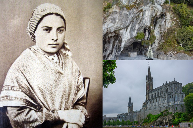 Collage of three photographs, Bernadette on the left, grotto top right, basilica bottom right