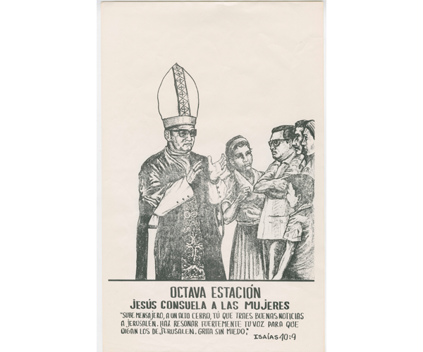 A man wearing the robes and mitre of a Catholic bishop holds his hands out towards a crowd of women, men, and a child who look sad and angry. The caption reads, “Octava Estación: Jesús Consuela a las Mujeres,” followed by the verse from Isaiah 40:9 in Spanish.