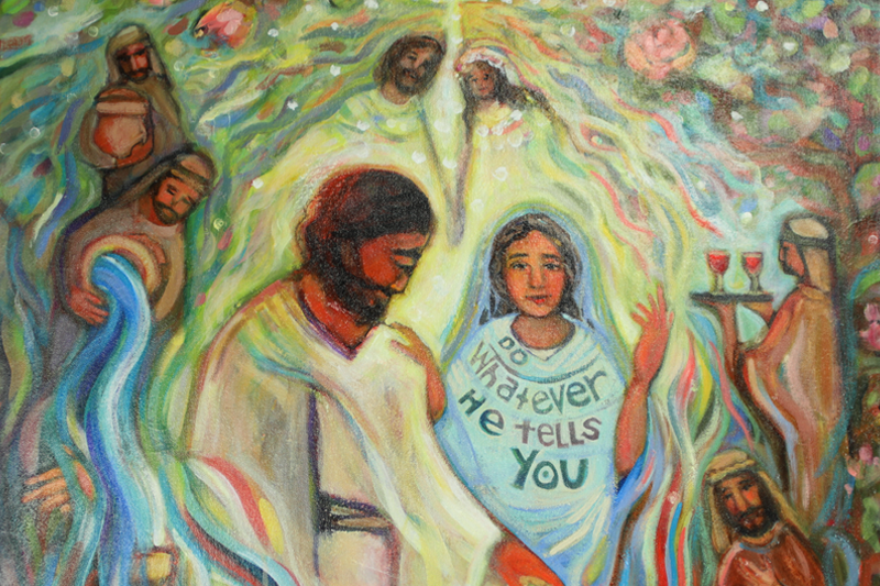 Jesus and Mary, servants, and a bride and groom, standing behind water jars and a stream of water turning into wine.