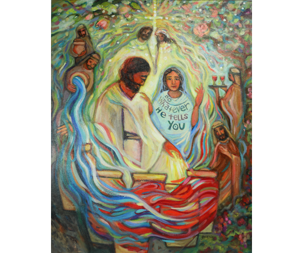 Alt text: Jesus and Mary, servants, and a bride and groom, standing behind water jars and a stream of water turning into wine.