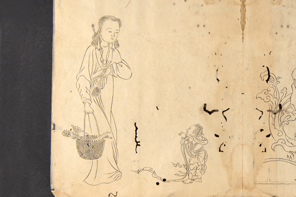 Drawing of Kannon looking down at a small person or young child on aged paper or parchment.