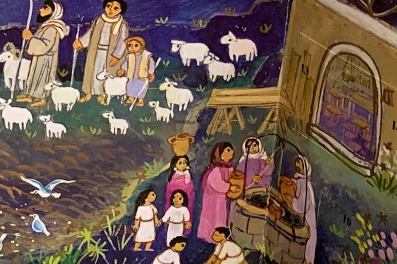 detail of shepherds with their flock and people gathered around the well