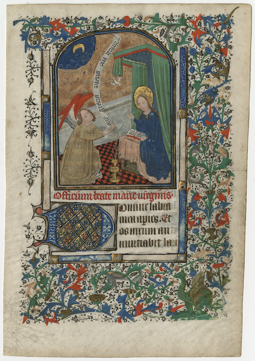 A medieval miniature of the Annunciation by one of the artists known as the Masters of the Gold Scrolls, circa 1440