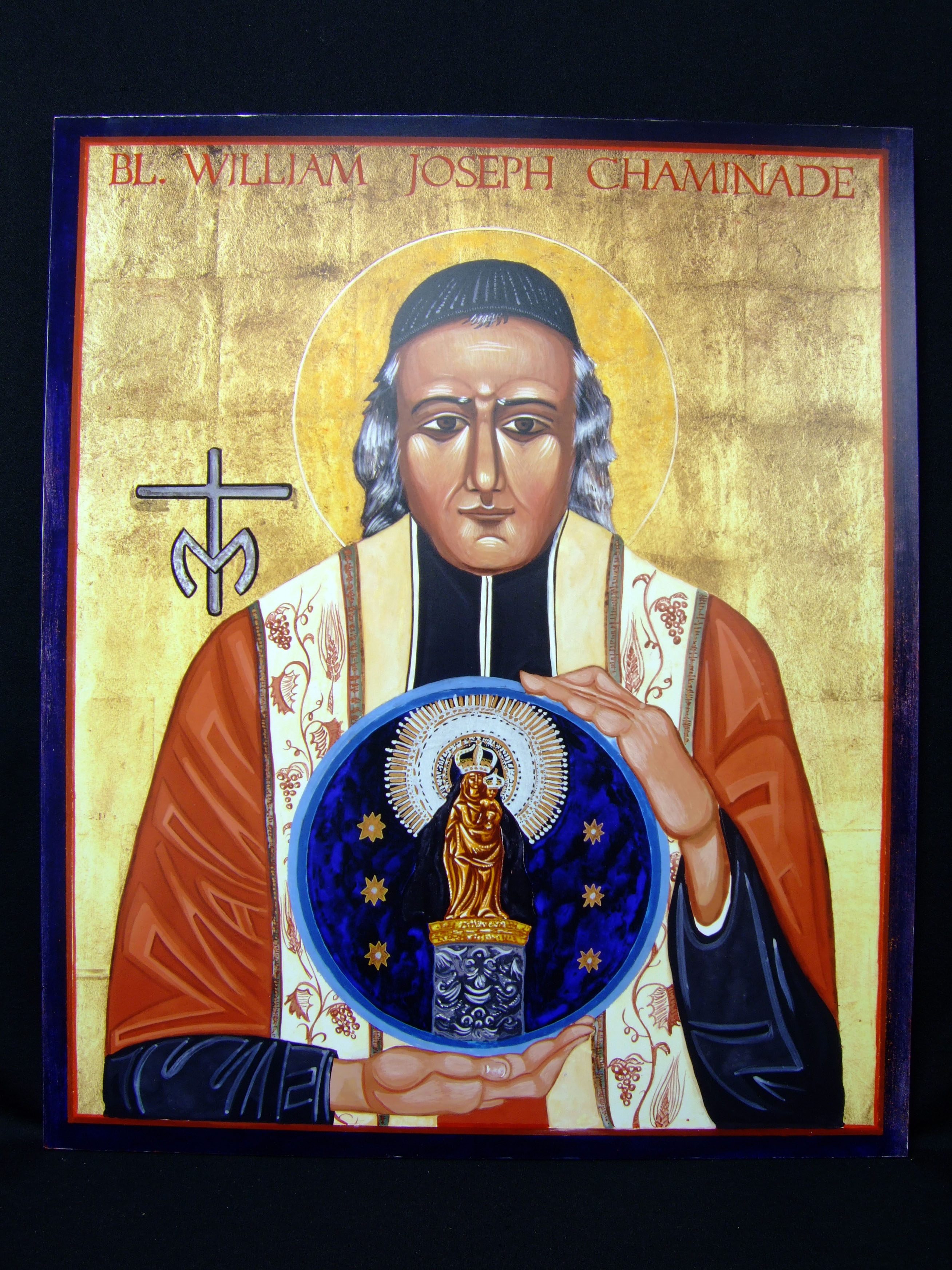 This icon, “Blessed Father William Joseph Chaminade,” was created by Joseph Malham in 2006. In this depiction, Chaminade holds Our Lady of the Pillar in his hands.