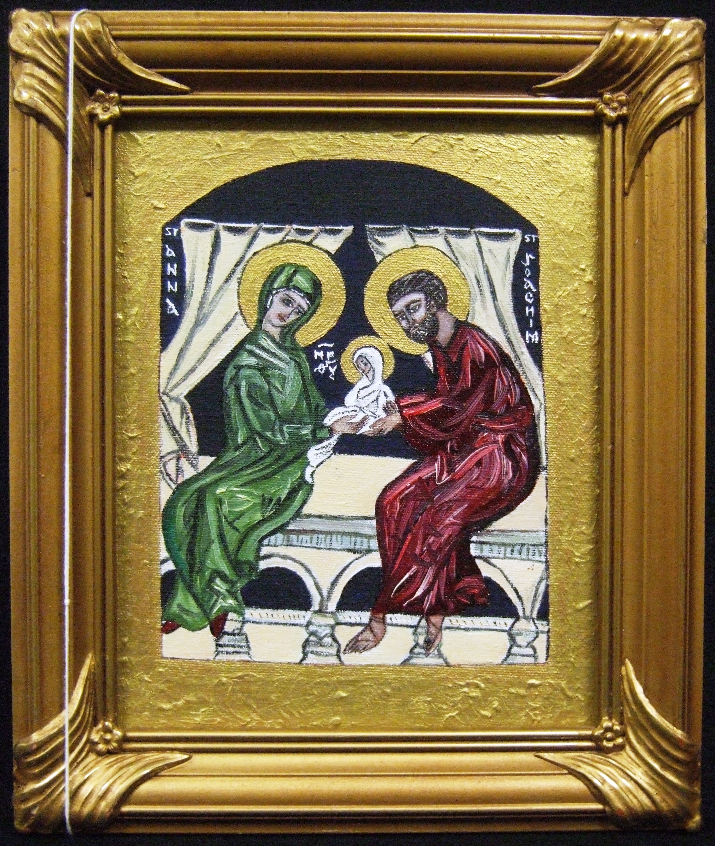 Painting depicting Saints Anne and Joachim holding an infant Mary, in a white garment, between them.