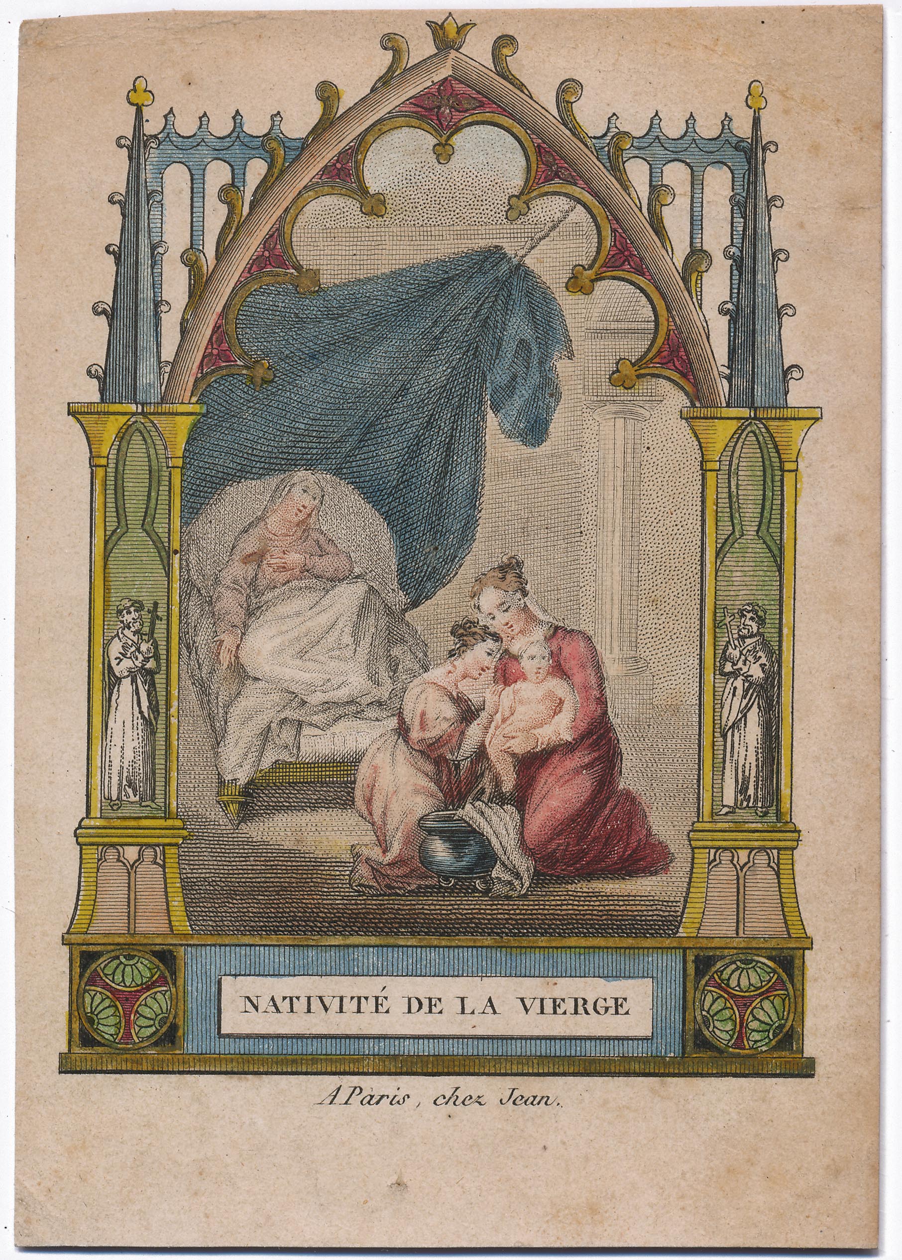 holy card depicting the birth of the Virgin