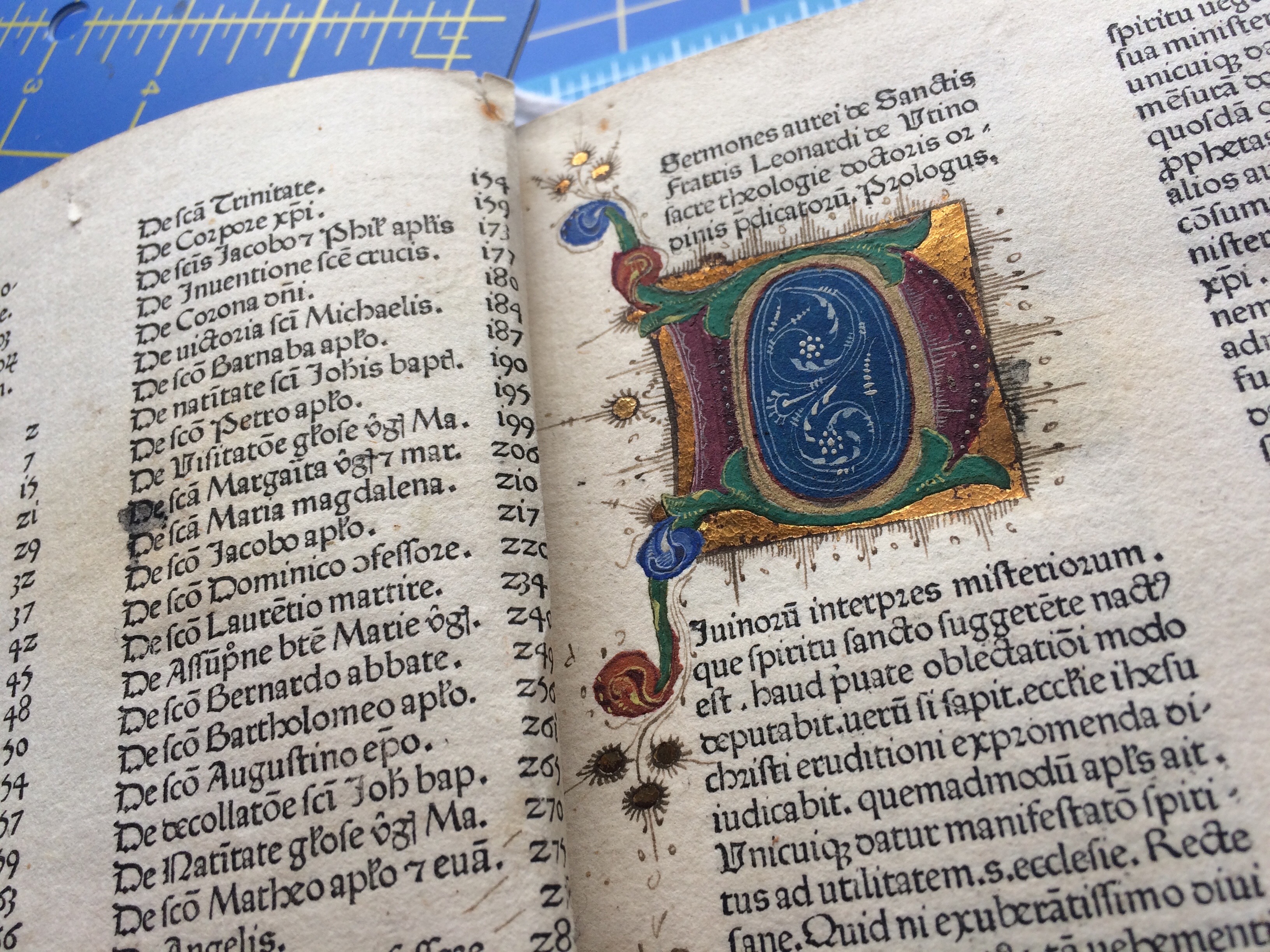 This illuminated initial D points to the book’s history in the transition from manuscript to print technologies. 