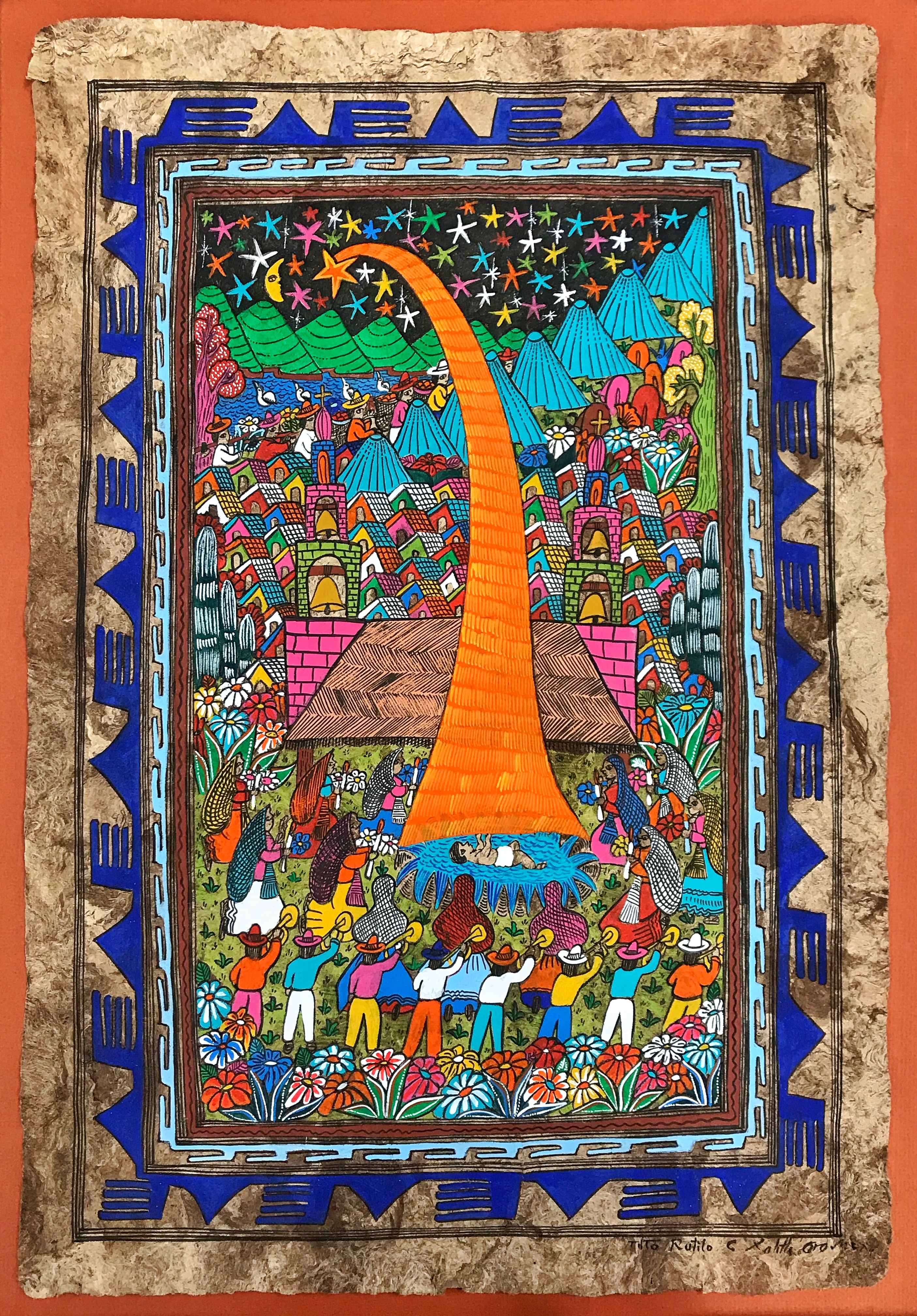 "The Baby in the Light" by ToTo Rutilo; Guerrero, Mexico 1995. Nativity on amate paper. From the Marian Library Art and Artifacts collection.