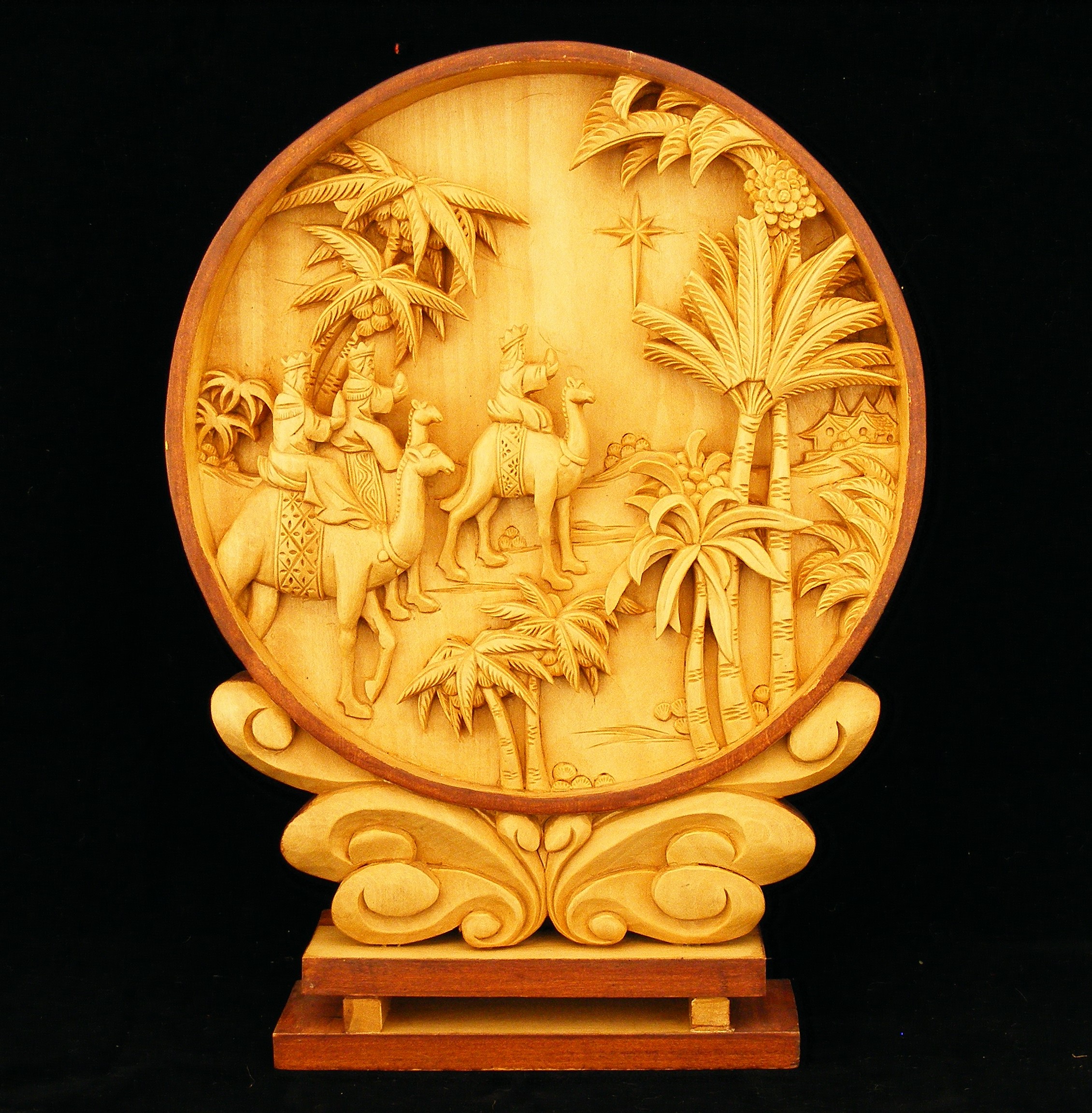 Journey of the Magi woodcarving from Zhejiang, China. Part of the Marian Library Art and Artifacts Collection.