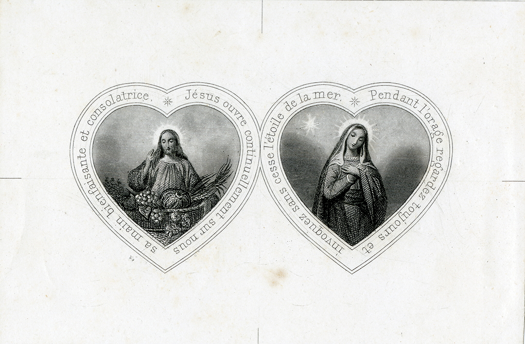 On this French holy card from approximately 1870, portraits of Jesus and Mary are depicted in heart-shaped borders. Jesus holds a harvest basket of fruits, vegetables and wheat. Mary holds her hands over her heart. 