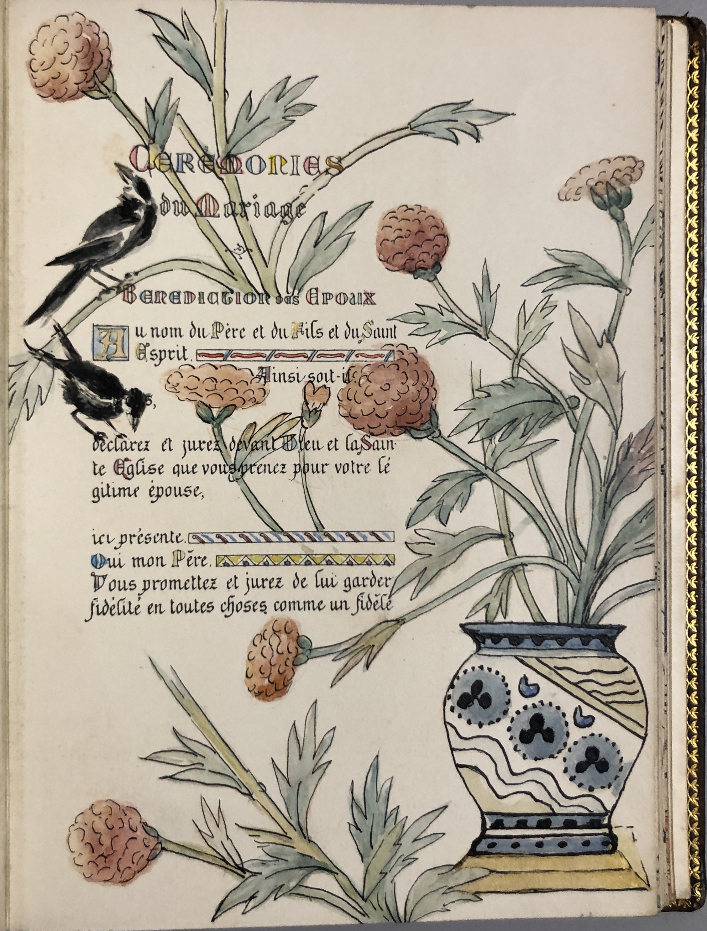 this page of the missel is illustrated with a vase of florals and two black birds 