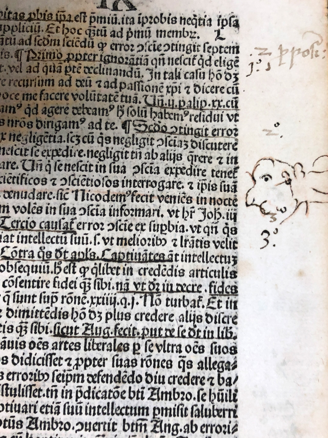 In addition to this face on leaf B1r, this oversized volume of sermons has prodigious notes throughout. Sometimes numbers outline the procession of an argument, as they do here.
