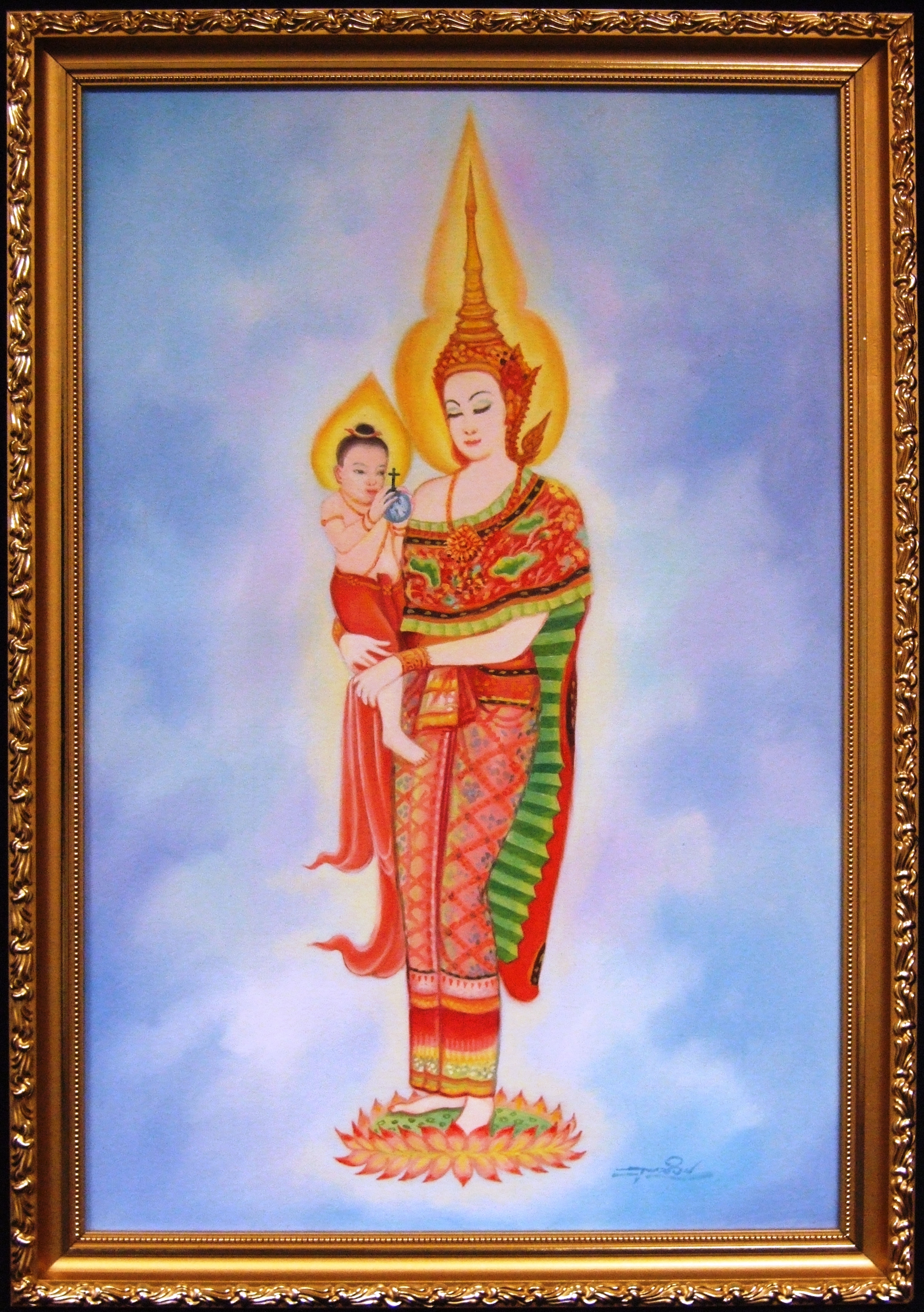 “Madonna and Child” pastel on canvas from Thailand. The artist and date are unknown.