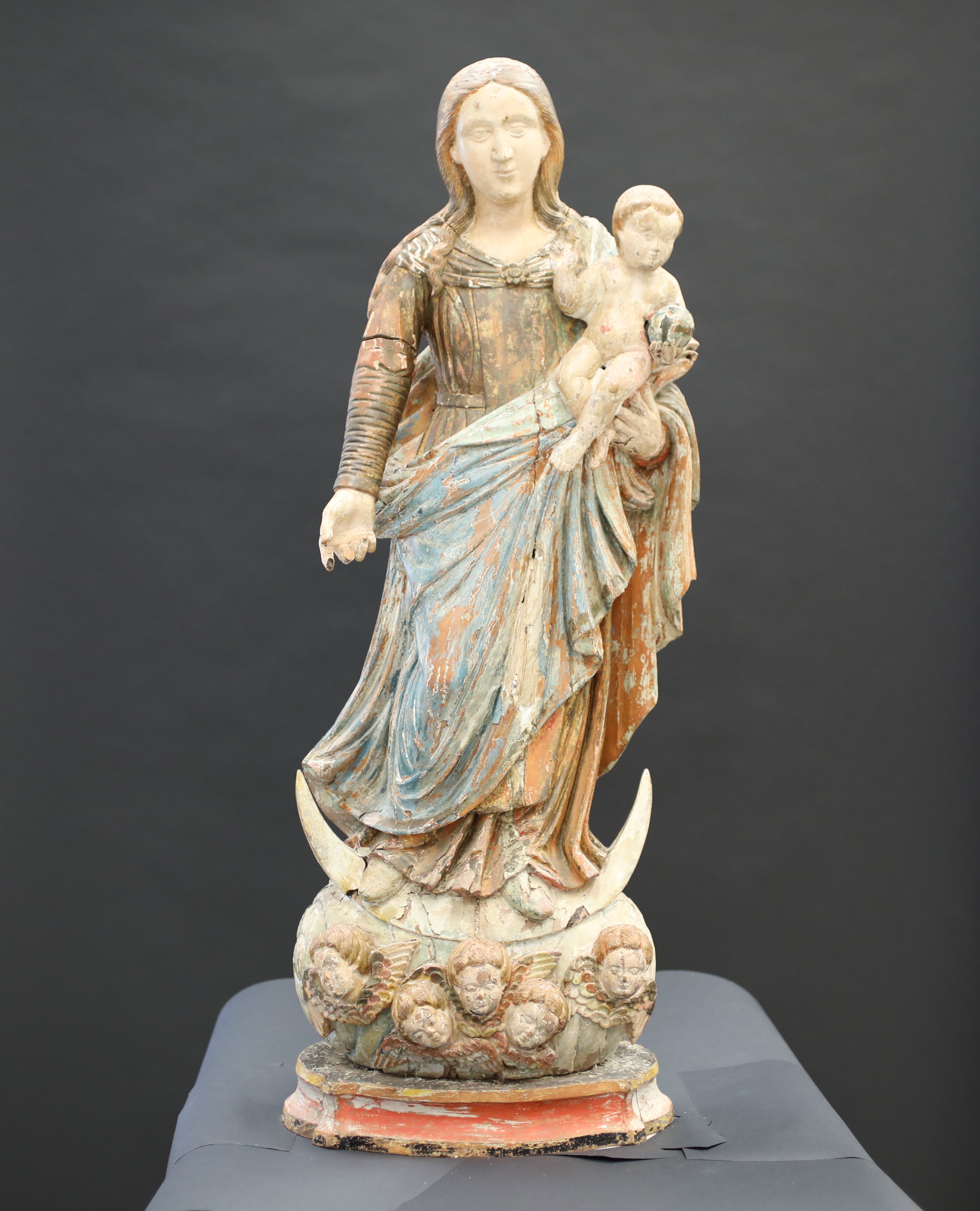 front view of the pre-conservation state of the Madonna and Child statue