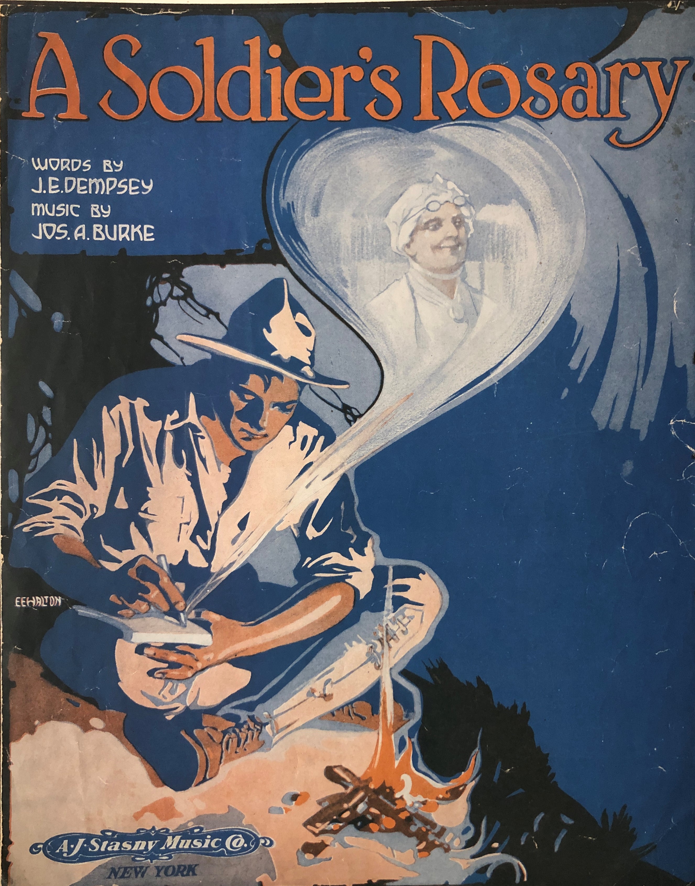 Cover illustrated with a soldier writing a letter and an image of a mother illustrated in a heart-shaped callout 
