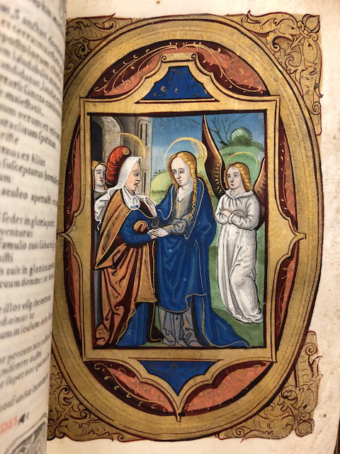 Visitation scene from a 1523 printed and illustrated Book of Hours.  