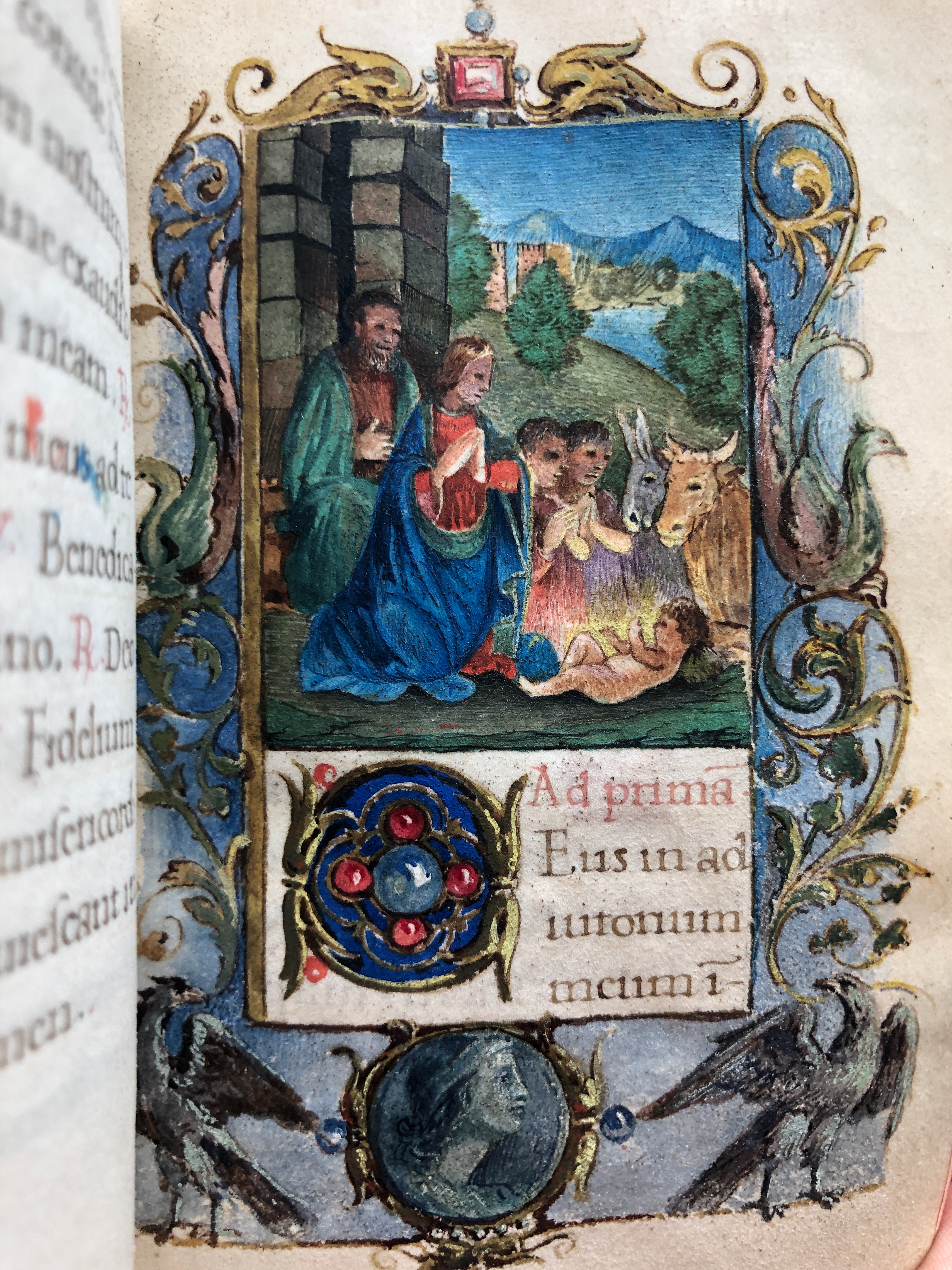 The Nativity miniature in this unfinished manuscript Book of Hours, circa 1500, features a pastoral, almost alpine-like scene in the background. The ox and ass guard the Infant Jesus as Mary kneels in adoration. Compositionally, Joseph plays an ancillary role in this scene and two shepherds join in the adoration. The border features peacocks, a symbol of eternal life and eagles, the symbol of John the Evangelist.