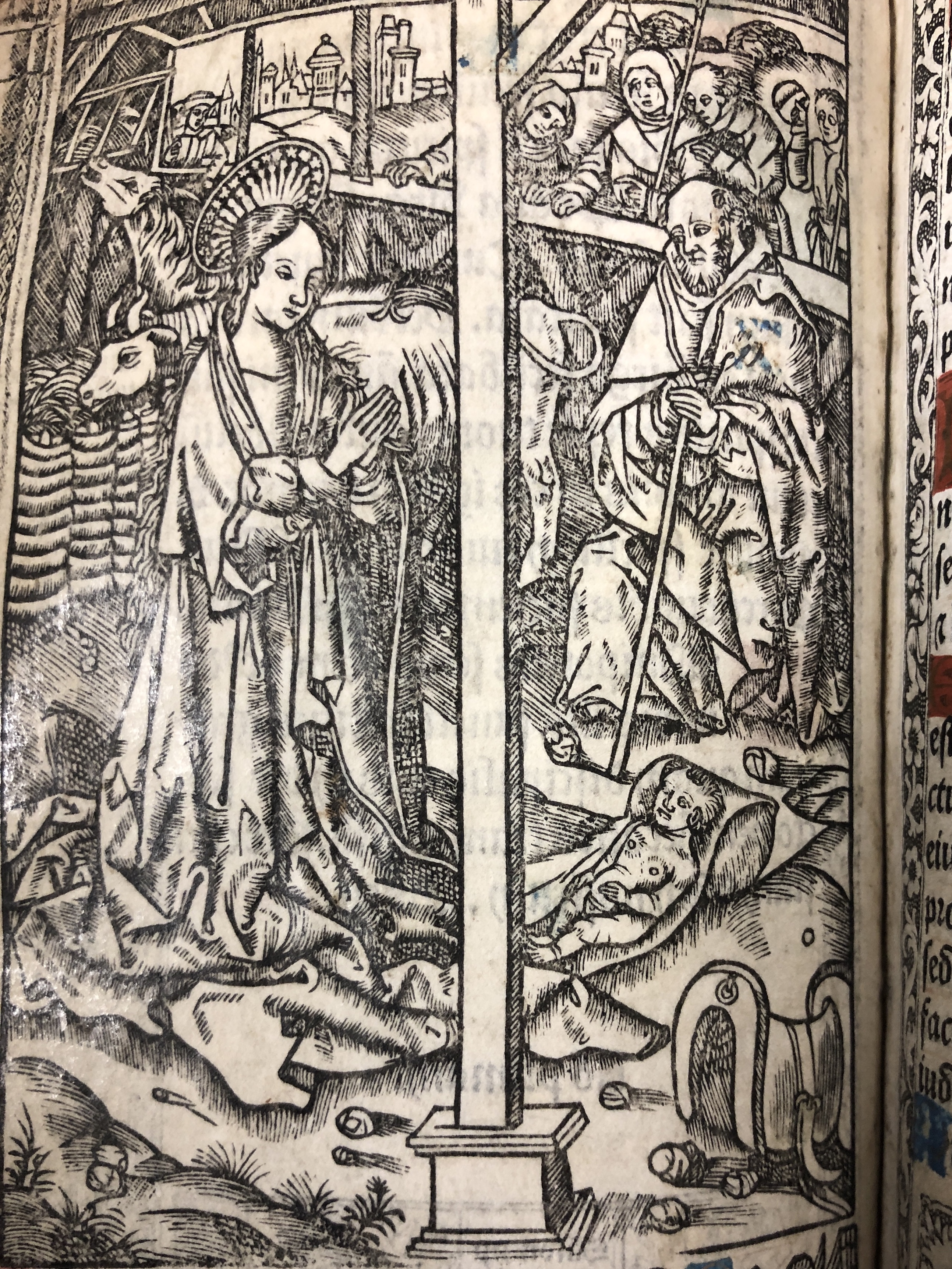 This Nativity image comes from one of the Marian Library’s two printed Books of Hours. Both are nearly identical and feature this bustling Nativity spectacle. Notice the stable post located at the center of the image. The cross-like iconography is illustrative foreshadowing of events to come in the life of Jesus.   
