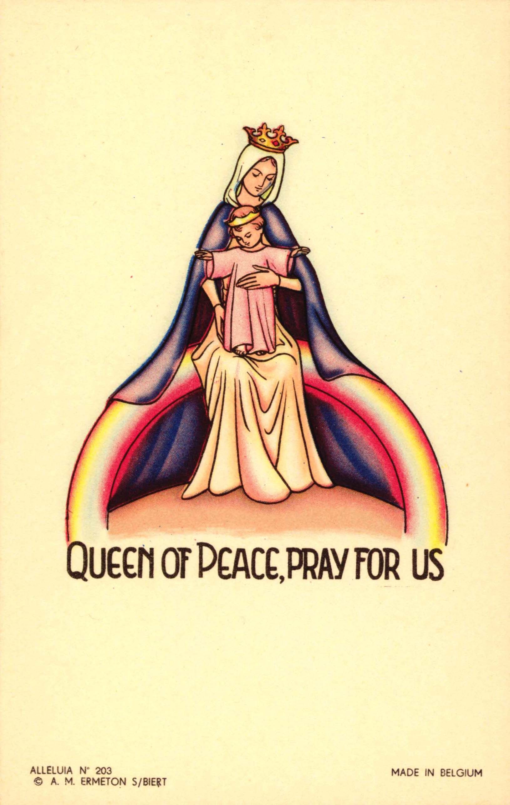 ?Queen of Peace? holy card, published by A.M. Ermeton S/Biert. Belgium, c. 1940. 