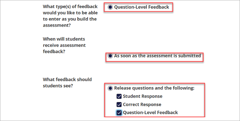 This shows the Grading and Feedback settings page in Isidore’s Test and Quizzes tool. The question-level feedback has been selected to show as soon as the assessment is submitted.
