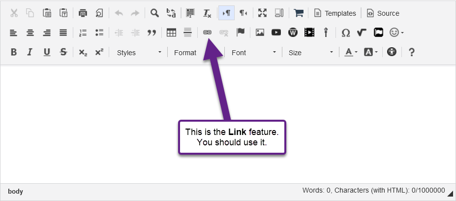 Screenshot indicating the link button in the text editor