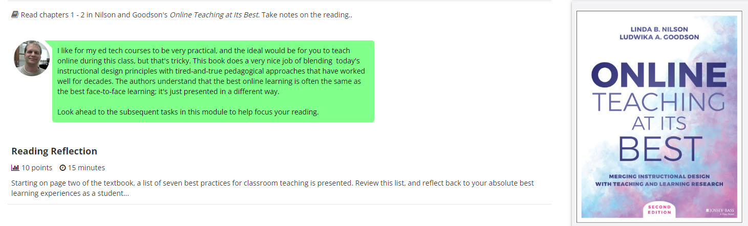 An instructor uses their image next to a speech bubble to provide a short introduction to the reading topic.