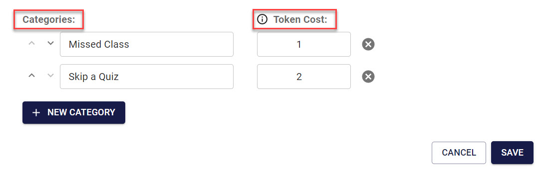 This image shows the settings for determining categories and costs of Tokens settings. The example shows categories of Missed Class and Skip a Quiz.