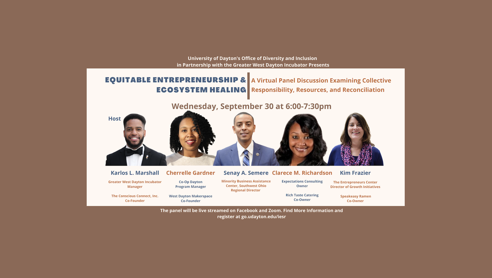 Five panelists featured in the Equitable Entrepreneurship & Ecosystem Healing panel.