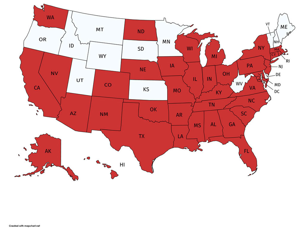 U.S. map showing states where alumni are teaching