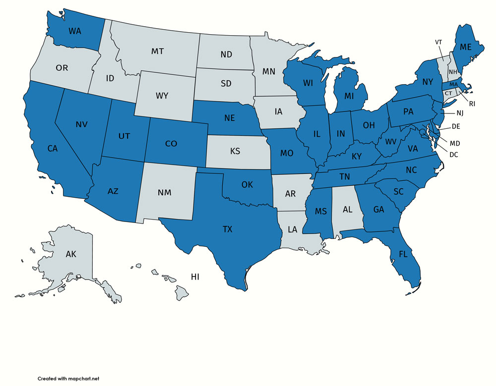Map showing U.S. states where alumni are working.