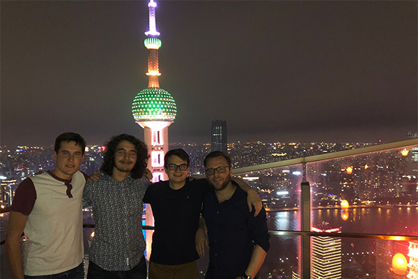 (l-r) Mike Sundermeier, Nick West, Gonzalo Perez and Bernard Dalichau celebrating at a restaurant in Shanghai called Flair after competition.