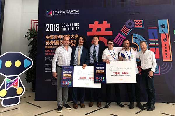 (l-r) Aaron, judge; Mike and Nick, competition team; Gonzalo and Bernard, competition team; Vince, judge at China-U.S. Young Maker Competition.