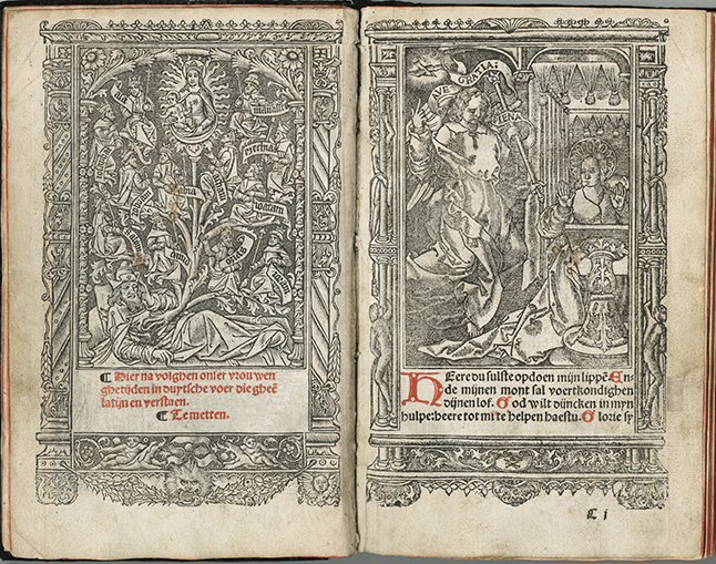 Tree of Jesse and Annunciation miniatures in a printed Dutch Book of Hours