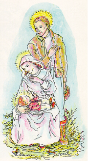 Lauren Ford illustration of Mary holding Jesus with Joseph looking on