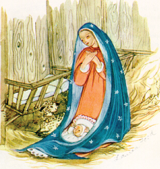 Lauren Ford illustration of Mary kneeling a simple manger setting with Baby Jesus swaddled in her cloak 