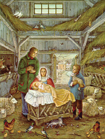 Lauren Ford illustrates the inside of the barn with animals, stalls and straw surround the Holy Family with Jesus in the manger and a shepherd boy looking on