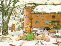 Wintery scene with Mary sitting and holding Baby Jesus while Joseph waters a cow in the distance near a large barn. Visitors are coming from behind down a long lane.
