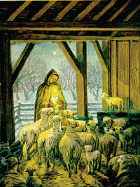 Mary in hooded cloak holding Jesus up so a crowd of sheep can see him