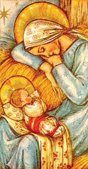 Mary napping as she leans on a stack of straw while Baby Jesus sleeps on her lap